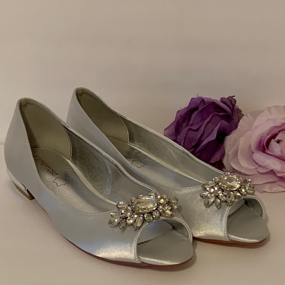 Silver Embellished Peep-Toe Flats - Women's